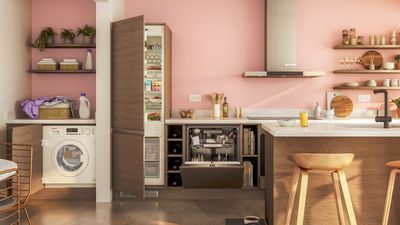 A modern kitchen featuring pink walls, open shelves with plants, a fridge, a washing machine, and stylish bar stools.