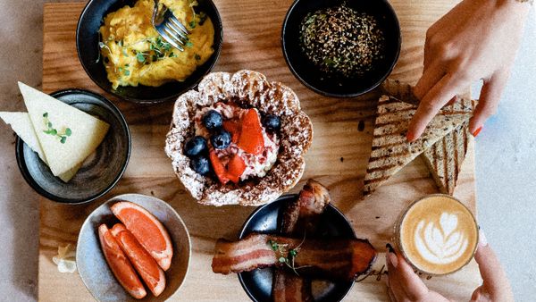 Overhead shot of different dishes of food