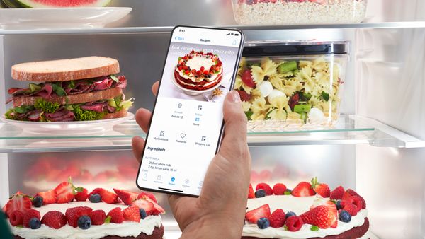Person using the Home Connect app to check fridge contents