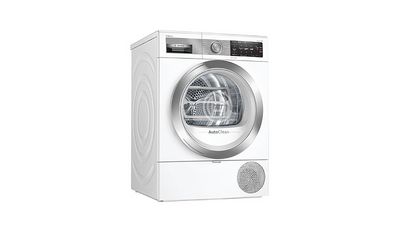 Gesloten witte droger met zilveren details.