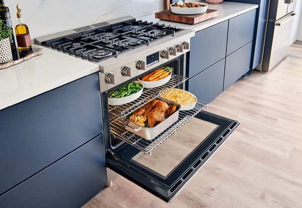 Bosch industrial range oven in a kitchen with a sleek, open design and modern features 