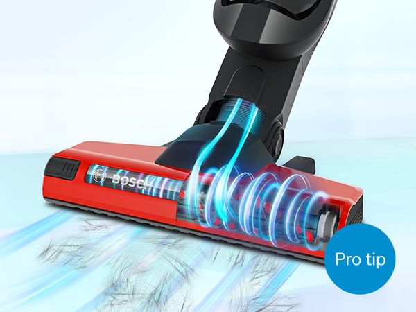Blue circular air flow inside ProAnimal vacuum head show how pet hair is sucked into vacuum