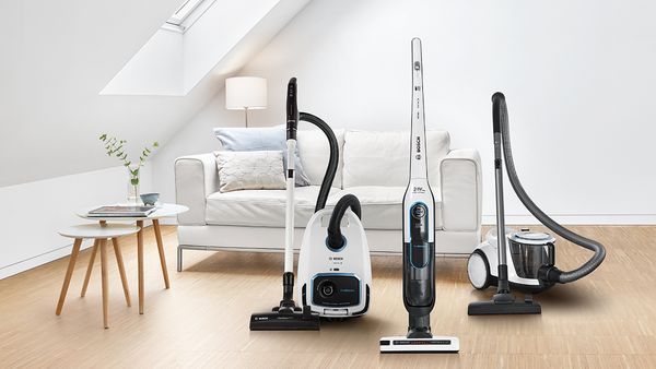 Lineup of three very quiet Bosch ProSilence vacuums, bagged, cordless and bagless