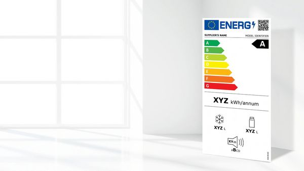 Energy efficiency label displaying ratings from A to G, with A being the highest. Includes consumption details and QR code. 