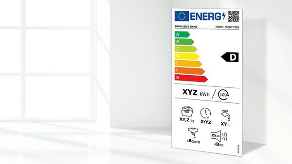 Energie-efficiëntielabel voor huishoudelijke apparaten, met energie-classificatie, pictogrammen en modelinformatie.