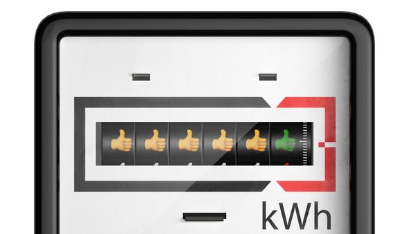 A villanymérőn számok helyett felfelé mutató hüvelykujjak láthatók, szimbolizálva a hőszivattyús szárítógép energiahatékonyságát.