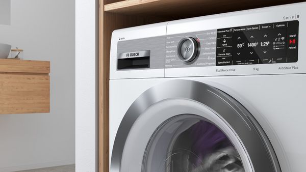 Control panel of a Bosch washer showing the Quick Mixed AntiStain programme.