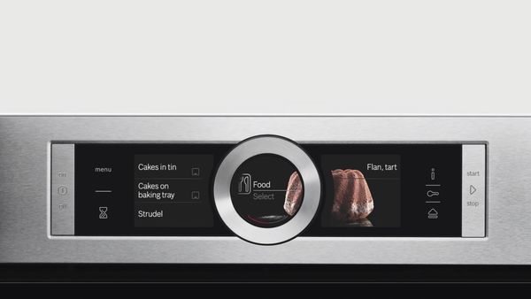 Touchscreen control panel of a modern oven, displaying options for baking cakes and pastries 