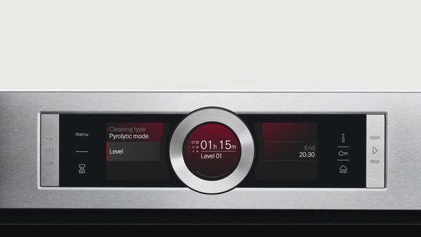 Control panel of a modern oven displaying pyrolitic cleaning mode, timer, and level settings, featuring a sleek design. 
